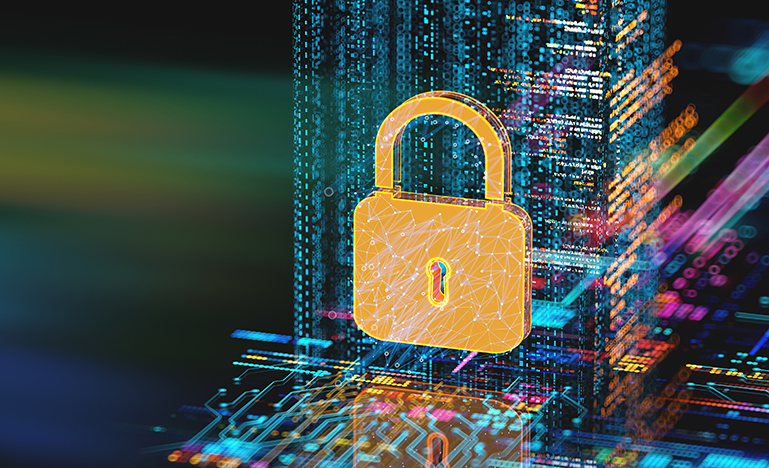 Glowing golden padlock over a futuristic circuit board and streams of blue data, symbolizing digital security, privacy, and encryption.