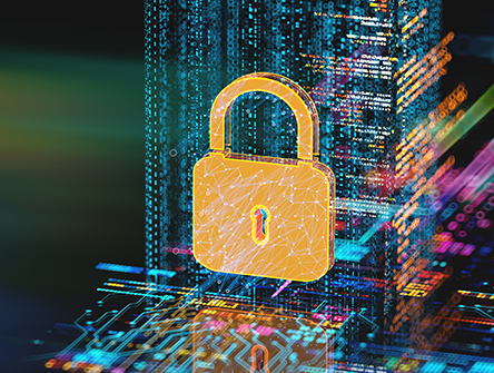 Glowing golden padlock over a futuristic circuit board and streams of blue data, symbolizing digital security, privacy, and encryption.
