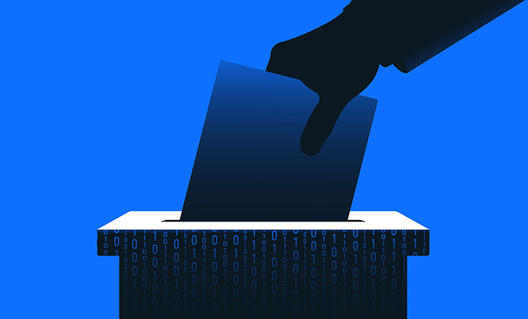 Hand putting ballot paper in a box with binary code