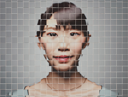 Broken image, diffracted through pixelated glass