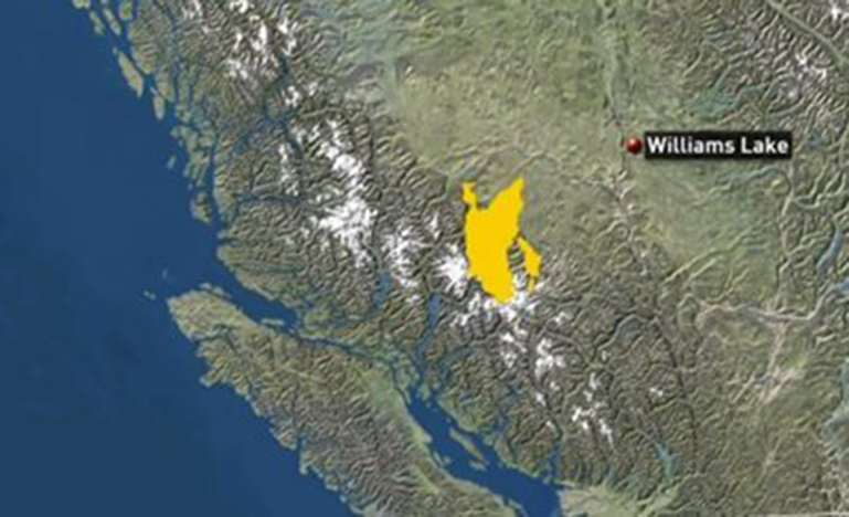 Map of the Tsilhqot'in First Nation land (highlighted in yellow), via YouTube.
