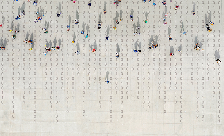 Crowd walking over binary data