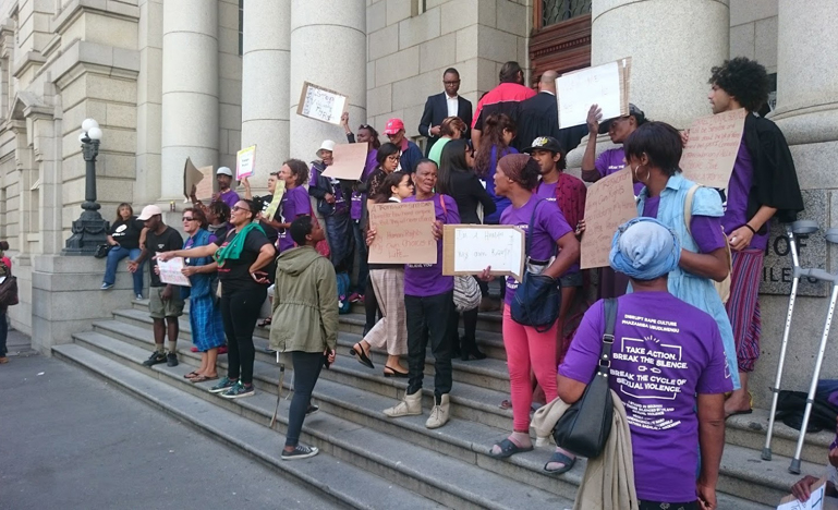 On the court steps of Jade September's hearing on November 26 2018. Members of Sistazhood, a trans sex workers' support group who form part of Sex Workers Education and Advocacy Task Force (SWEAT) and