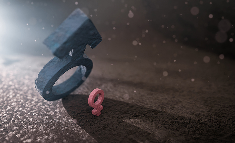 A large blue male symbol casts a shadow over a small pink female symbol on a textured surface, conveying a notion of imbalance.