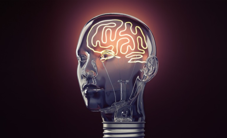 Human head in the shape of a lightbulb
