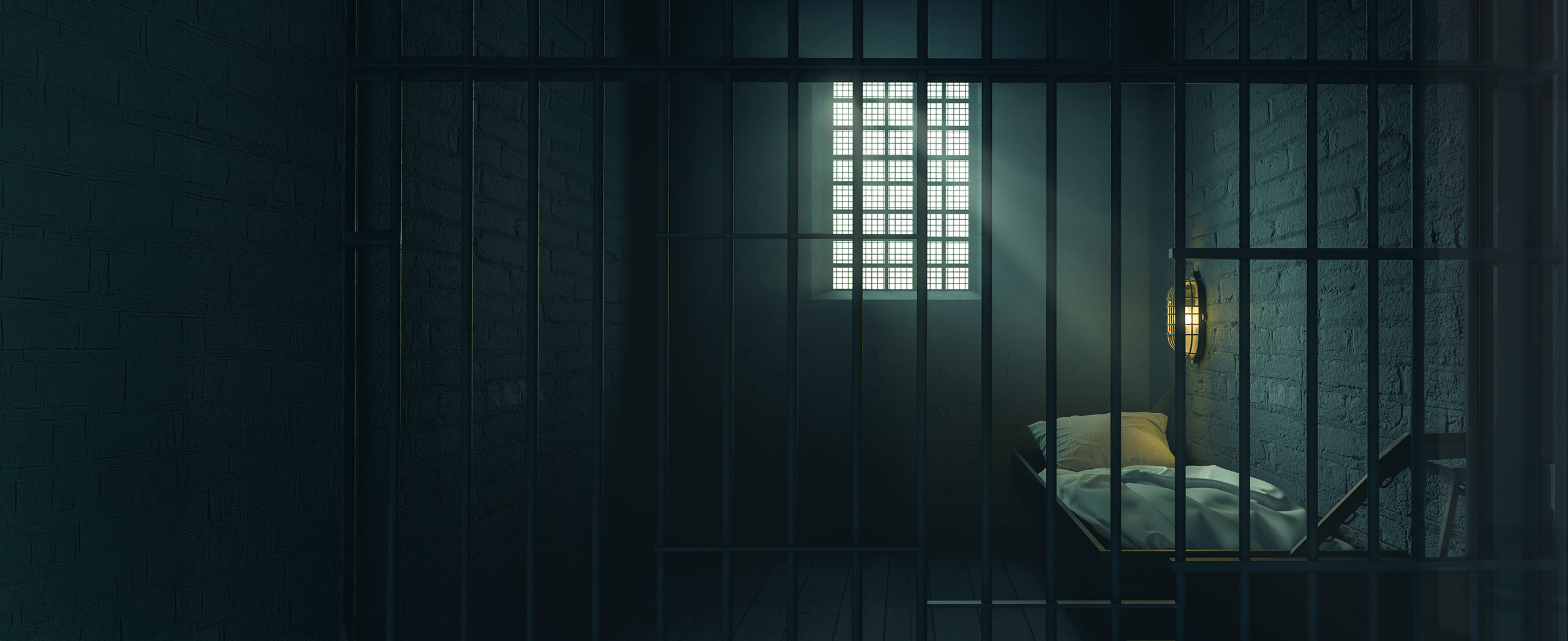 Dimly lit prison cell with metal bars and a small bed