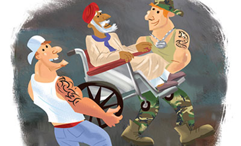 Illustration of people helping someone in a wheel chair