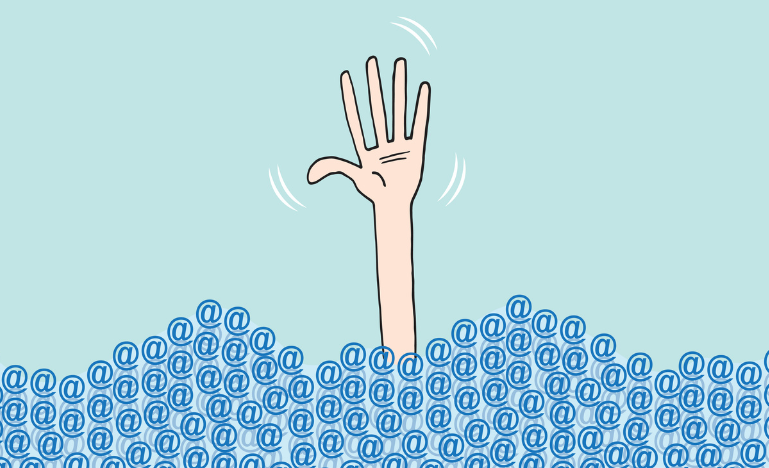 Une main qui se noie dans un océan de courriels