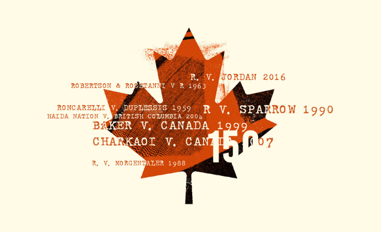 A red maple leaf with Supreme Court case names super-imposed over it