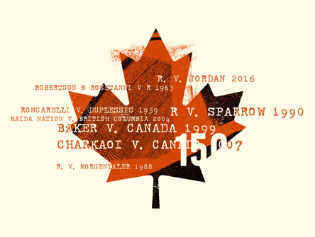 A red maple leaf with Supreme Court case names super-imposed over it