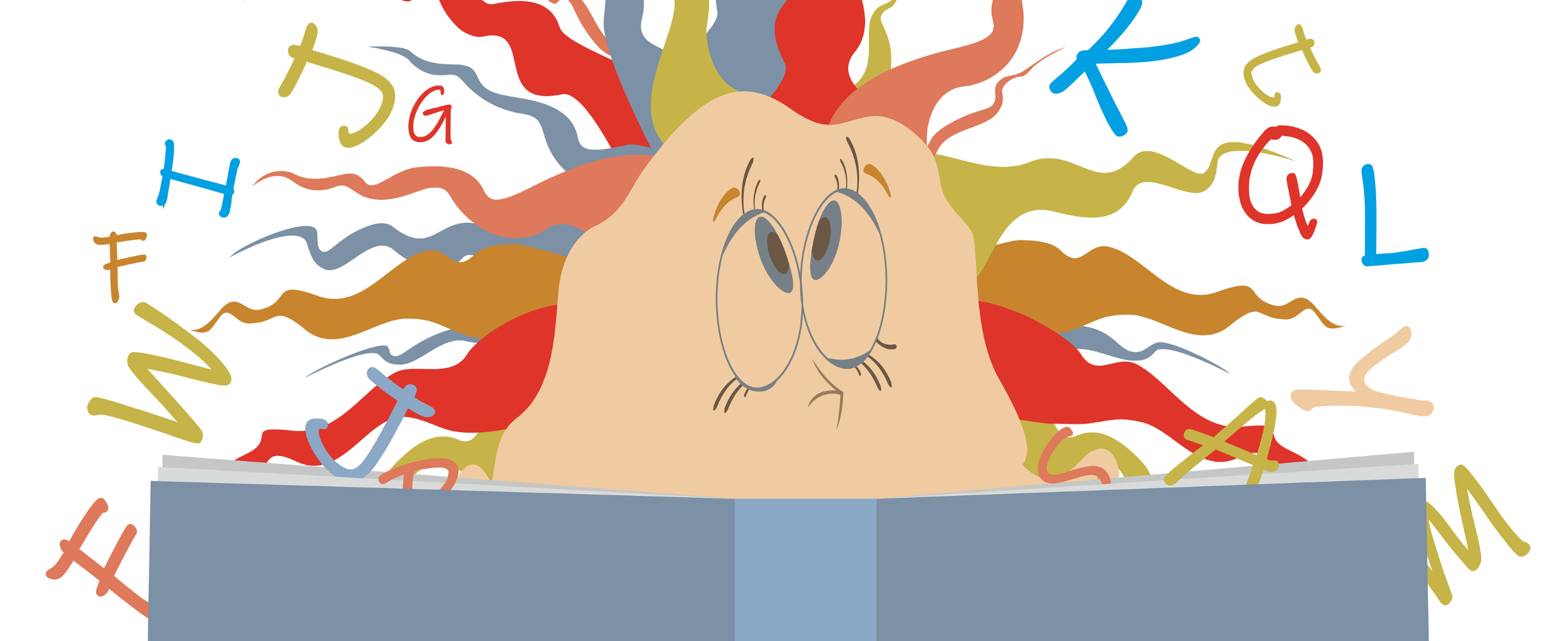 Illustration d'un homme submergé par la complexité du langage qu'il tente de lire et de comprendre.