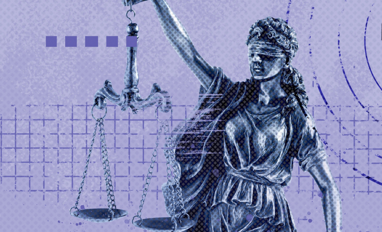 A creative collage statue of Themis with scales of justice on a purple background