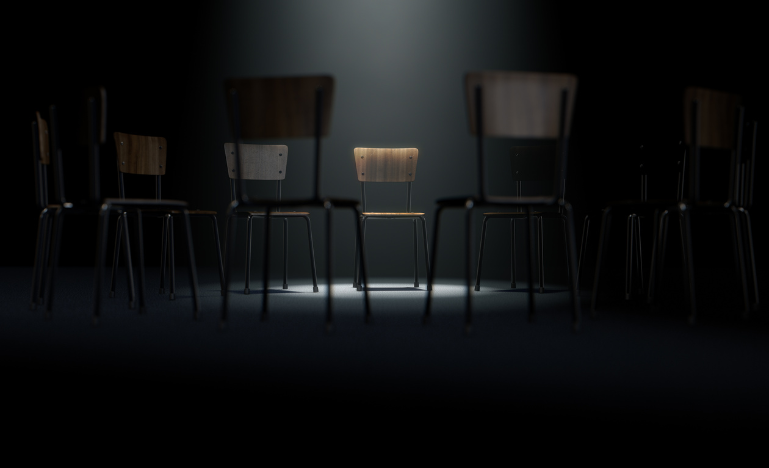a group of chairs in a circular formation with one chair highlighted by a single spotlight on a dark background
