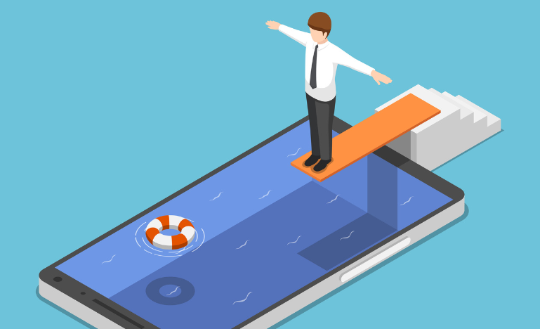 A man on a springboard ready to dive into a technology pool