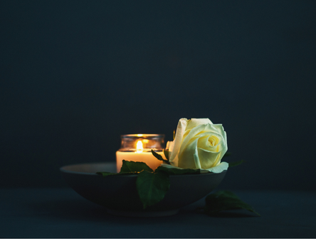A burning candle with a white rose in remembrance
