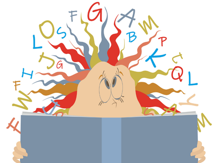 Illustration d'un homme submergé par la complexité du langage qu'il tente de lire et de comprendre.