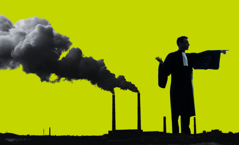 Illustration of lawyer pleading with smokestack in the background