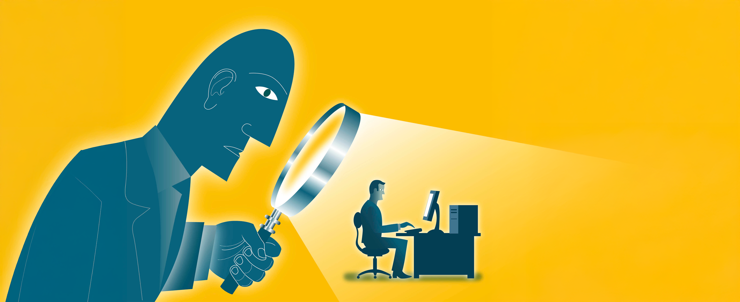 Big Brother looks through a magnifying glass at a small man who is sitting at a computer.