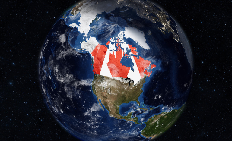 The Canadian flag on the Earth