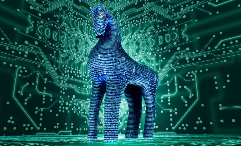 A digital Trojan horse surronded by computer code