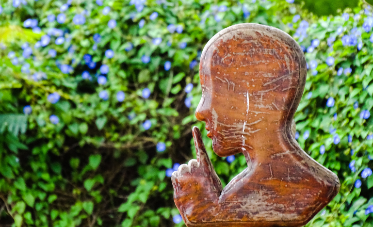 A wooden 'keep quiet' sign with green bushes in the background