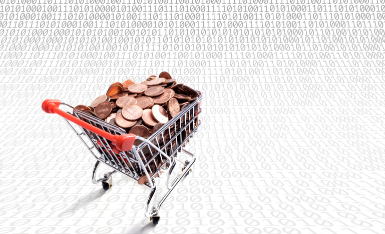 A cart full of pennies against a backdrop of computer code