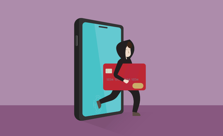 A Hacker steals credit card data on a mobile phone