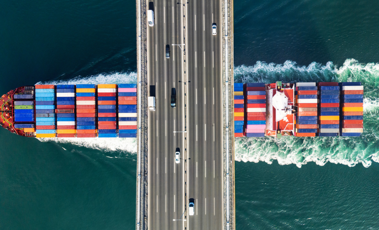 A loaded cargo ship passes beneath a bridge