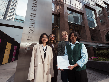 The four youth suing the Canada Pension Plan Investment Board. From left: Chloe Tse, Rav Singh, Travis Olson, and Aliya Hirji