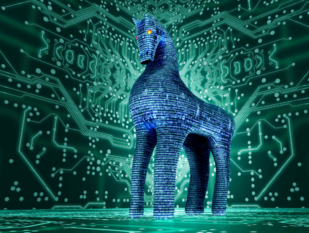 A digital Trojan horse surronded by computer code