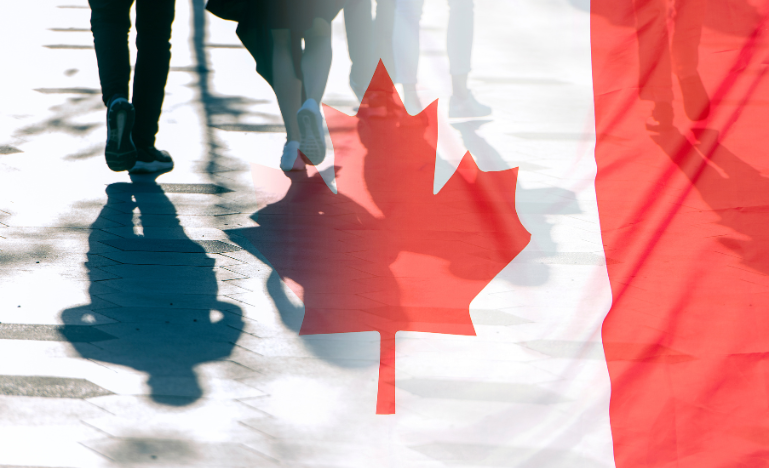 People walking and a Canadian flag, representing immigration to Canada