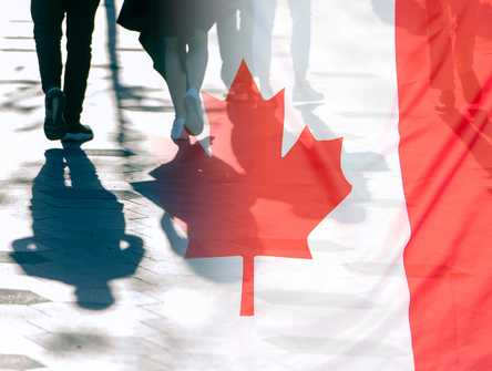 People walking and a Canadian flag, representing immigration to Canada